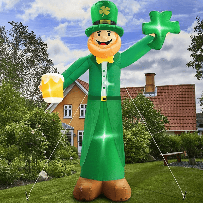 TURNMEON 12 Foot Giant St.Patricks Day Inflatables Outdoor Decorations Blow up Leprechaun Hold Shamrocks Beer Led Lights Tether Stakes St. Patricks Decorations Yard Lawn Garden Home Party Indoor Decor