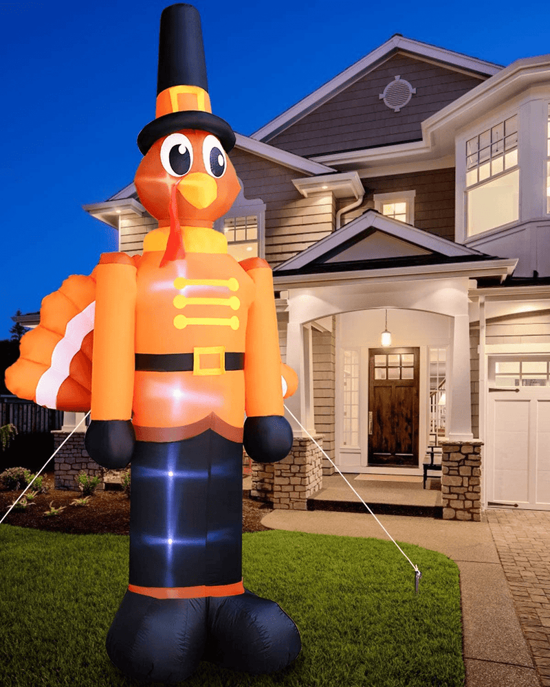TURNMEON 12 Ft Giant Thanksgivings Inflatable Turkey with Pilgrims Hat Thanksgivings Fall Autumns Decorations Outdoor Indoor Holiday Decor Blow up Lighted Yard Garden Lawn Home Party