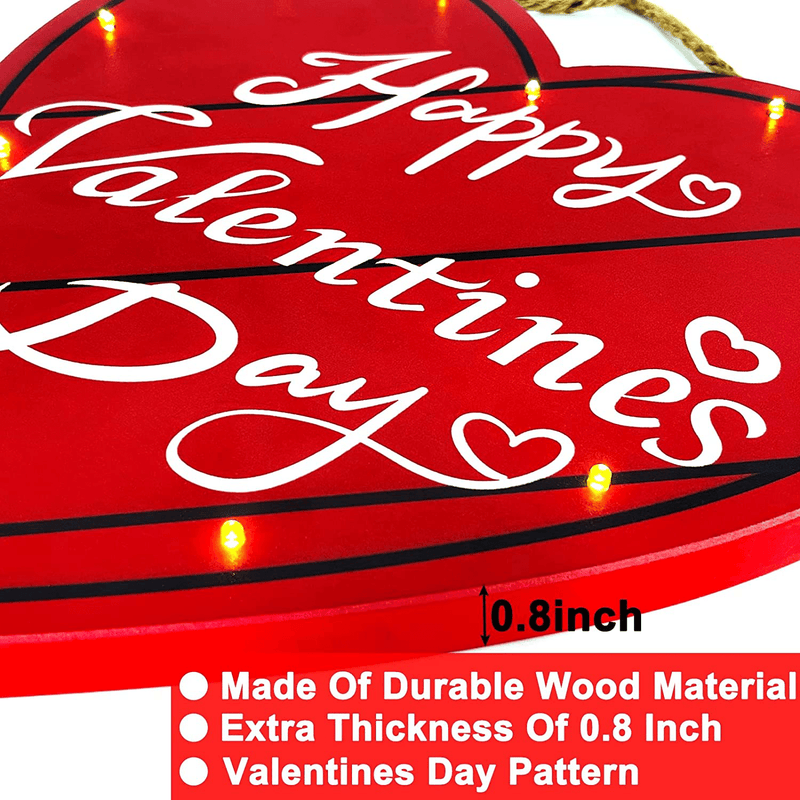 TURNMEON 12" Happy Valentine'S Day Heart Sign Wreath Lights Timer for Front Door Decor, Battery Operated Red Love Plaque Hanging Wooden Sign Valentines Decoration Home Outdoor Indoor Porch Window Wall