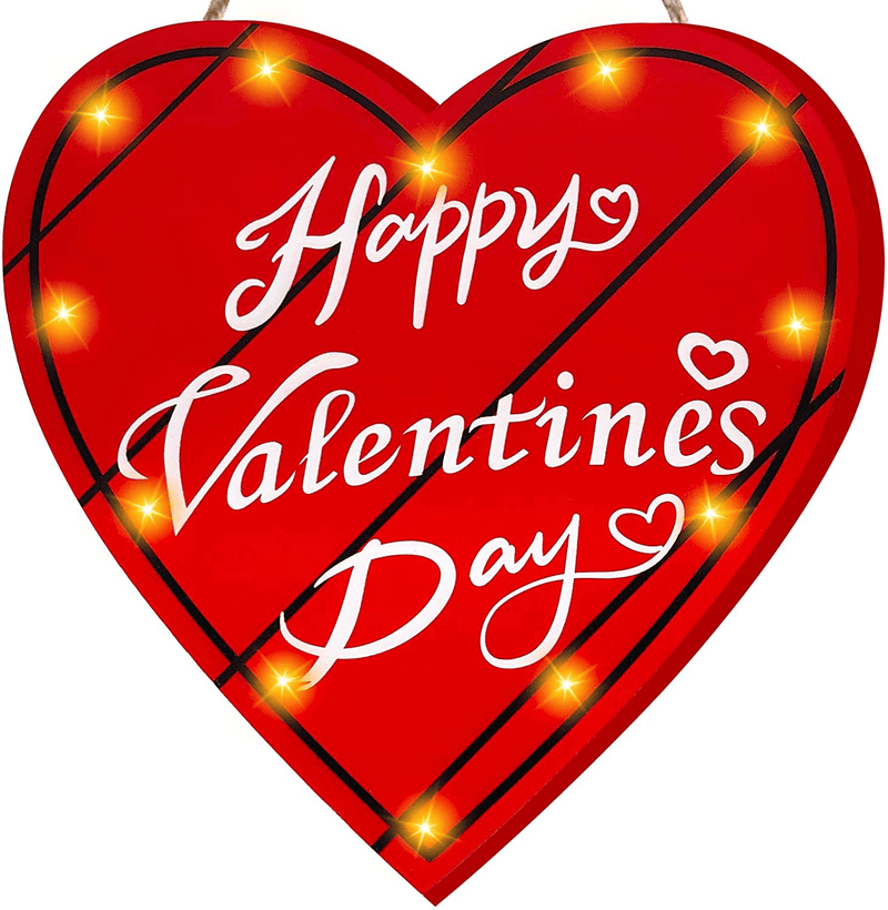 TURNMEON 12" Happy Valentine'S Day Heart Sign Wreath Lights Timer for Front Door Decor, Battery Operated Red Love Plaque Hanging Wooden Sign Valentines Decoration Home Outdoor Indoor Porch Window Wall Home & Garden > Decor > Seasonal & Holiday Decorations TURNMEON   