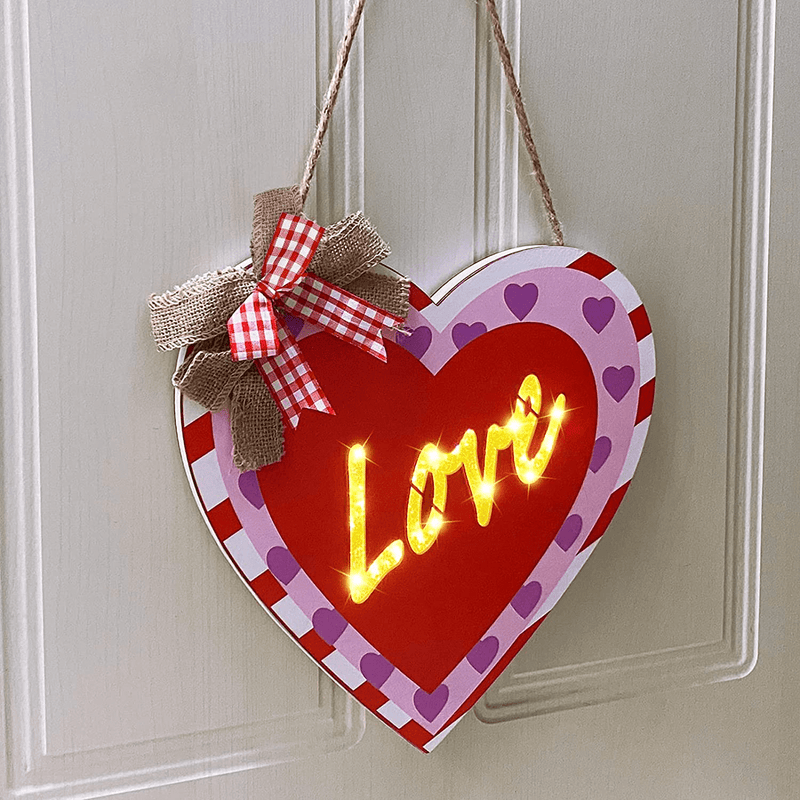 TURNMEON 12" Lighted Valentine'S Day Wreath for Front Door, Love Heart Sign Valentines Decorations with Timer Battery Operated Hanging Wooden Wreath Valentines Day Decor Home Outdoor Indoor Wall Porch