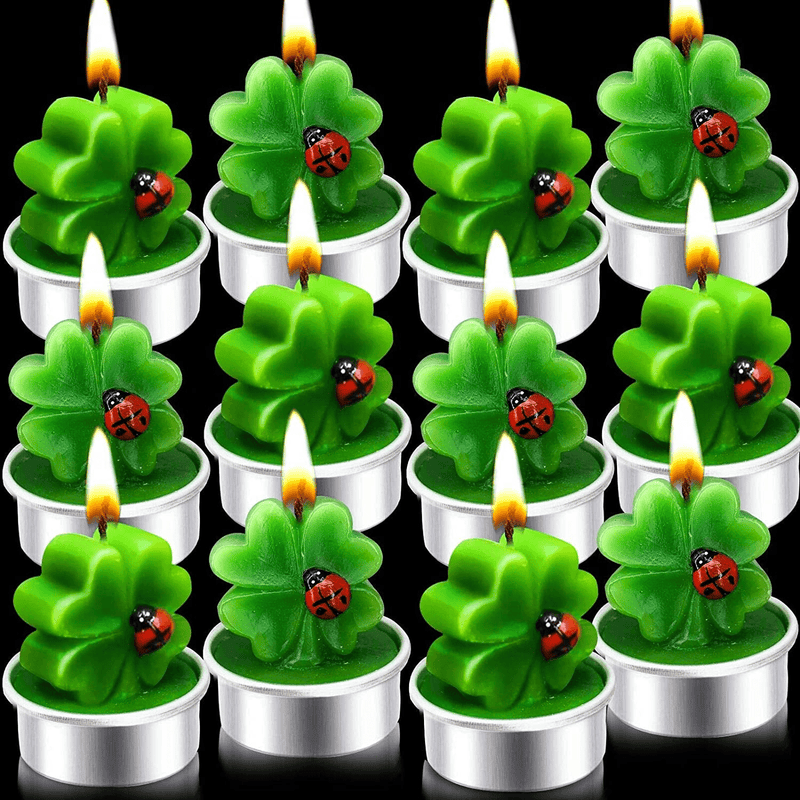 TURNMEON 12 Pcs St. Patrick’S Day Shamrocks Tealight Candles St Patrick'S Day Decorations Lights Lucky Green Clovers Candles St. Patrick’S Decoration Indoor Home Table Decor Irish Party Favors Gifts