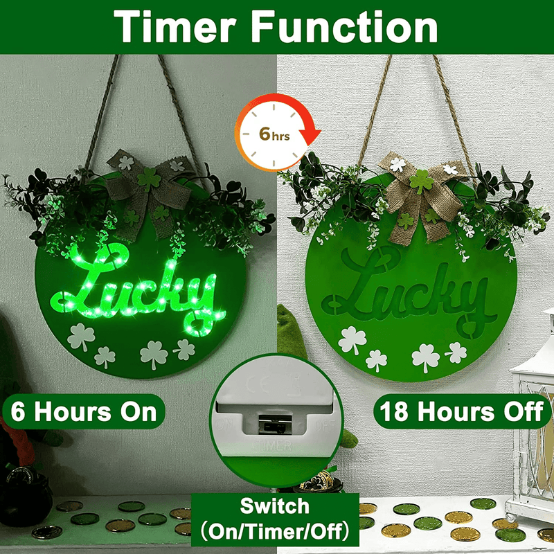 TURNMEON 12" St. Patrick'S Day Lucky Sign Wreath with Lights Timer for Front Door, Shamrocks Clover Battery Operated Wooden Hanging Sign for St. Patrick'S Day Decoration Home Wall Indoor Outdoor Porch Arts & Entertainment > Party & Celebration > Party Supplies TURNMEON   
