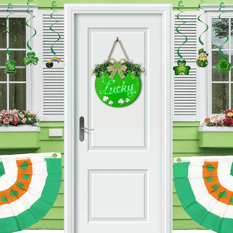 TURNMEON 12" St. Patrick'S Day Lucky Sign Wreath with Lights Timer for Front Door, Shamrocks Clover Battery Operated Wooden Hanging Sign for St. Patrick'S Day Decoration Home Wall Indoor Outdoor Porch Arts & Entertainment > Party & Celebration > Party Supplies TURNMEON   