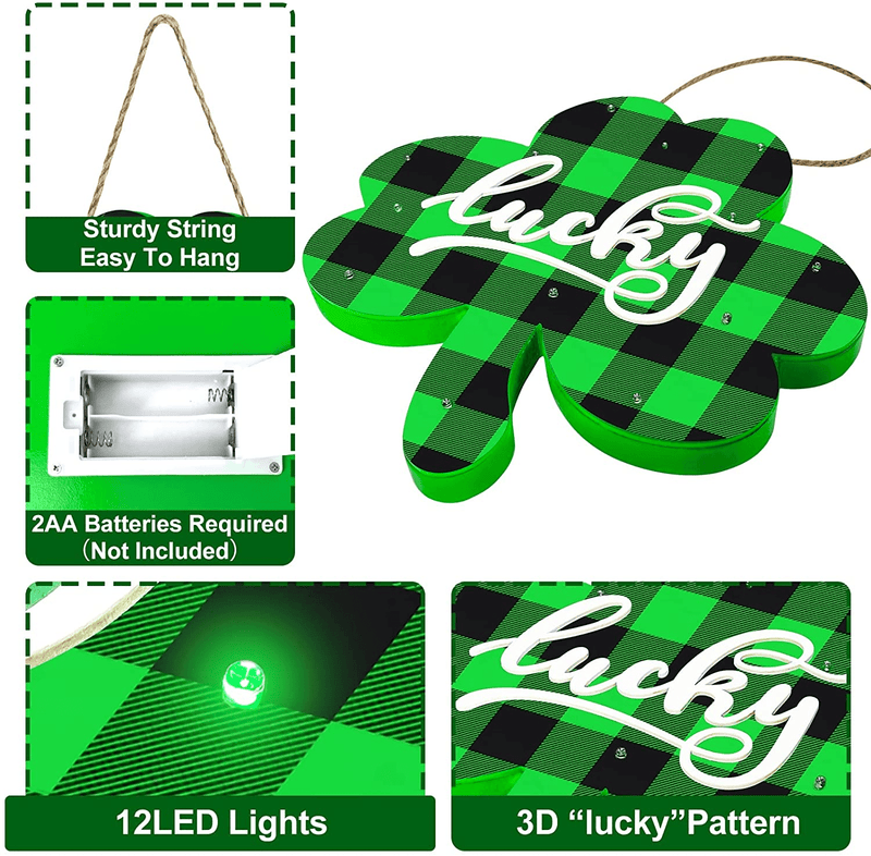 TURNMEON 12" St.Patrick'S Day Shamrocks Door Sign Wreath with Lights Timer Lucky Clover Battery Operated Wooden Sign Hanging Irish St.Patrick'S Day Decoration Front Door Outdoor Indoor Home Wall Porch Arts & Entertainment > Party & Celebration > Party Supplies TURNMEON   