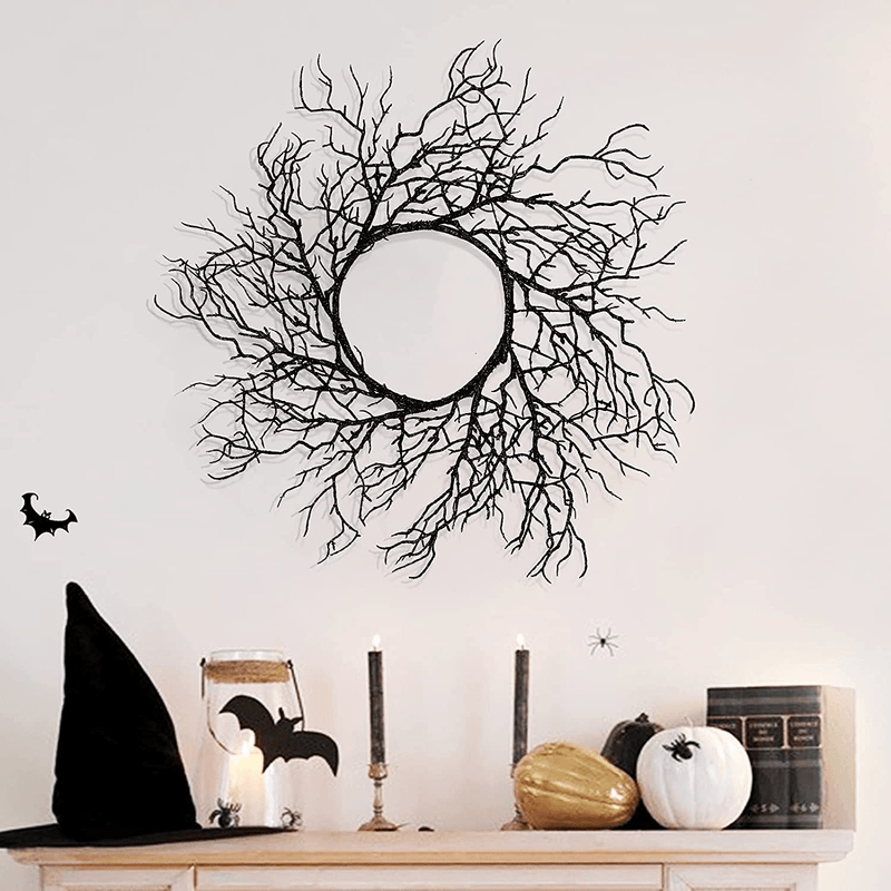 TURNMEON 15 Inch Halloween Wreath for Front Door Halloween Decorations Black Glittered Twigs Scary Artificial Wreath Hanging for Halloween Decor Indoor Outdoor Home Party Porch Door Wall Decor Arts & Entertainment > Party & Celebration > Party Supplies TURNMEON Default Title  