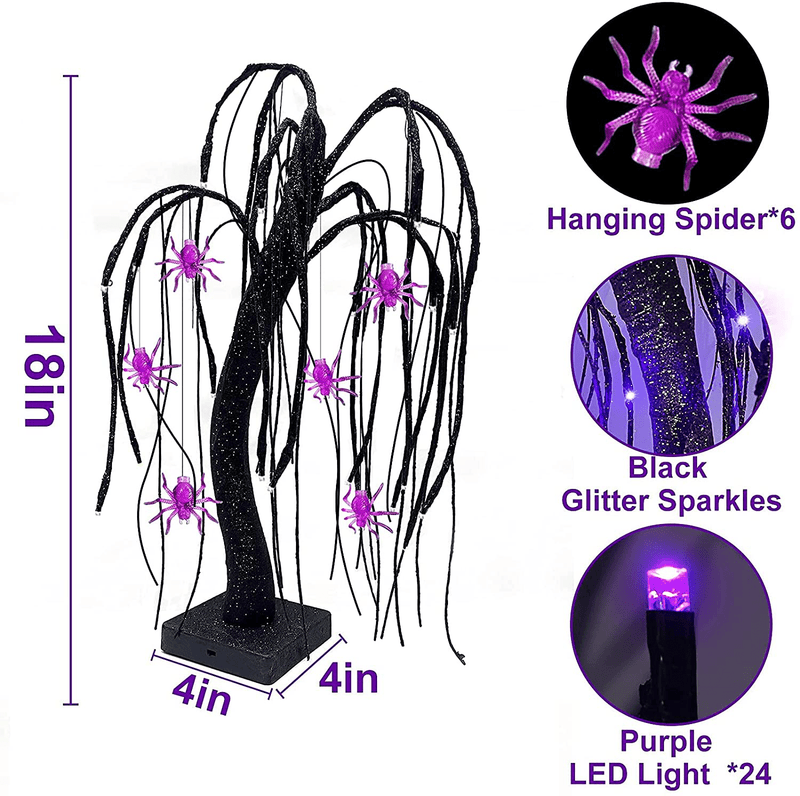 TURNMEON 18 Inch Halloween Decor Tree Lights 24 LED Purple Lights Timer Battery Operated Hanging Spiders Ornaments Glittered Tabletop Black Spooky Tree Light Halloween Indoor Home Party Decorations Arts & Entertainment > Party & Celebration > Party Supplies TURNMEON   