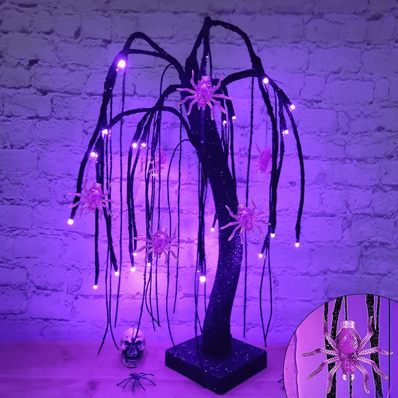 TURNMEON 18 Inch Halloween Decor Tree Lights 24 LED Purple Lights Timer Battery Operated Hanging Spiders Ornaments Glittered Tabletop Black Spooky Tree Light Halloween Indoor Home Party Decorations Arts & Entertainment > Party & Celebration > Party Supplies TURNMEON Default Title  