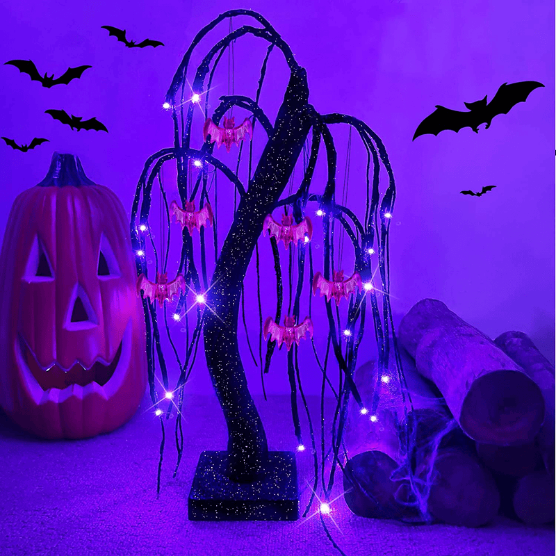 TURNMEON 18 Inch Tabletop Halloween Tree with 24 LED Purple Lights Timer Battery Operated 6 Spooky Bats Glittered Scary Dead Ghost Black Tree Halloween Decorations Home Party Indoor Desktop Holiday Arts & Entertainment > Party & Celebration > Party Supplies TURNMEON   