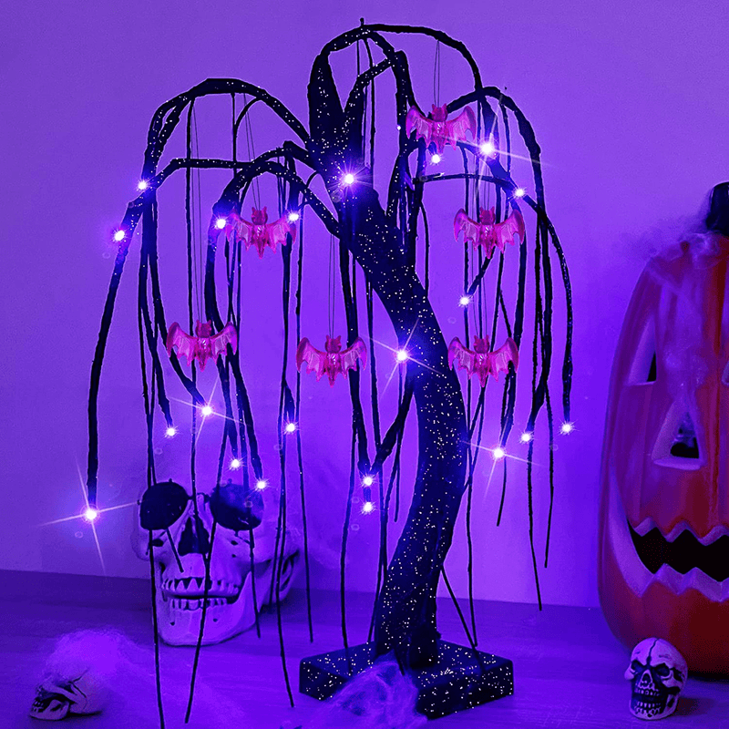 TURNMEON 18 Inch Tabletop Halloween Tree with 24 LED Purple Lights Timer Battery Operated 6 Spooky Bats Glittered Scary Dead Ghost Black Tree Halloween Decorations Home Party Indoor Desktop Holiday Arts & Entertainment > Party & Celebration > Party Supplies TURNMEON Default Title  