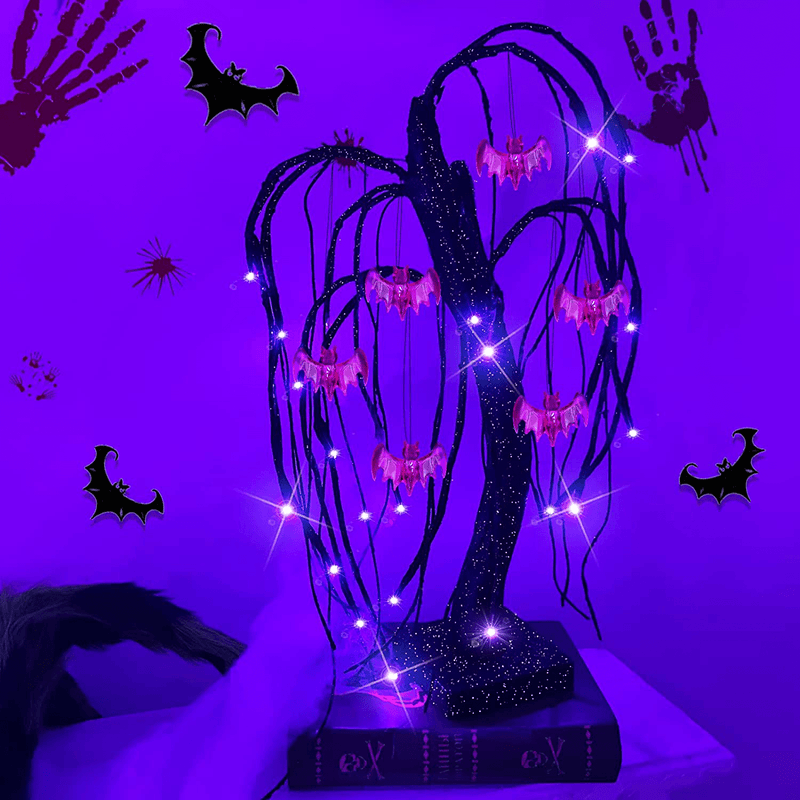 TURNMEON 18 Inch Tabletop Halloween Tree with 24 LED Purple Lights Timer Battery Operated 6 Spooky Bats Glittered Scary Dead Ghost Black Tree Halloween Decorations Home Party Indoor Desktop Holiday Arts & Entertainment > Party & Celebration > Party Supplies TURNMEON   