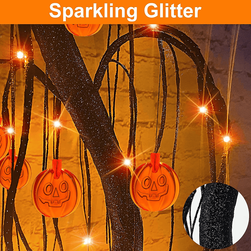 TURNMEON 18" LED Halloween Willow Tree Decor Glittered 24 Orange Lights Timer Battery Powered Jack-O-Lantern Pumpkins Ornaments Black Spooky Tabletop Tree Halloween Scary Decorations Indoor Home Party Arts & Entertainment > Party & Celebration > Party Supplies TURNMEON   