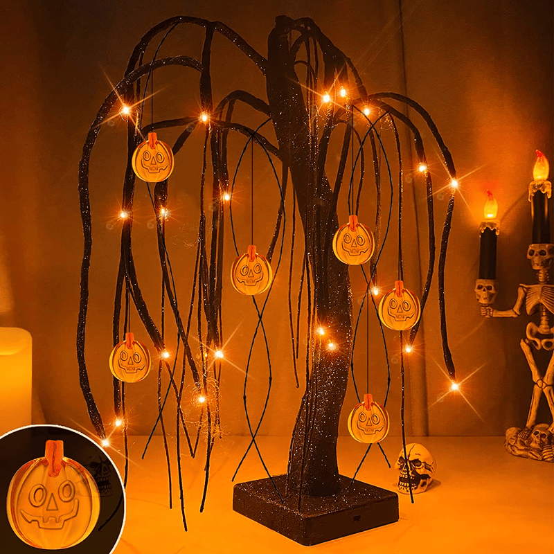 TURNMEON 18" LED Halloween Willow Tree Decor Glittered 24 Orange Lights Timer Battery Powered Jack-O-Lantern Pumpkins Ornaments Black Spooky Tabletop Tree Halloween Scary Decorations Indoor Home Party Arts & Entertainment > Party & Celebration > Party Supplies TURNMEON Default Title  