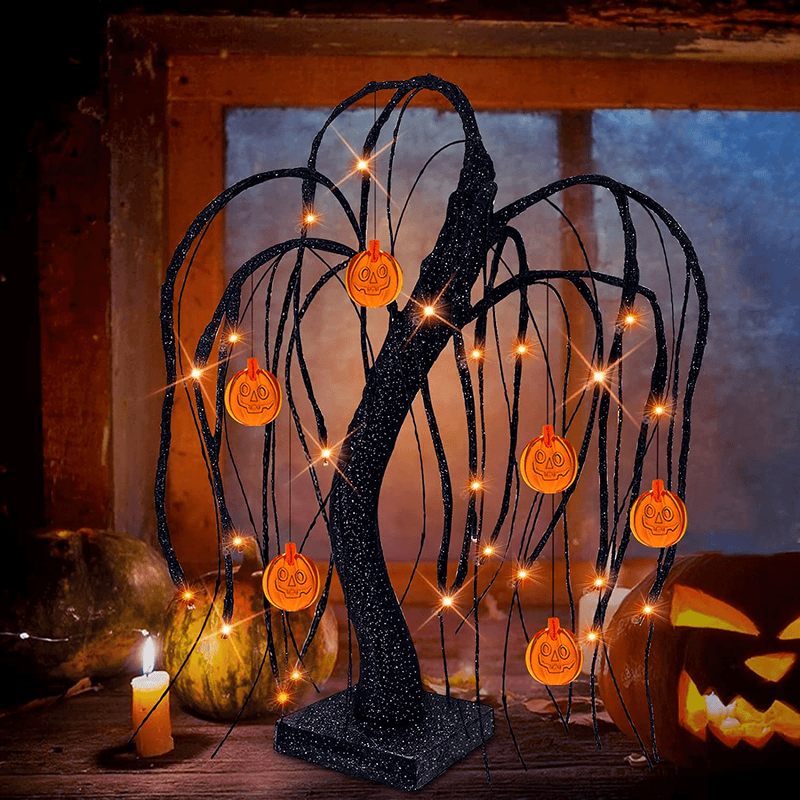 TURNMEON 18" LED Halloween Willow Tree Decor Glittered 24 Orange Lights Timer Battery Powered Jack-O-Lantern Pumpkins Ornaments Black Spooky Tabletop Tree Halloween Scary Decorations Indoor Home Party Arts & Entertainment > Party & Celebration > Party Supplies TURNMEON   