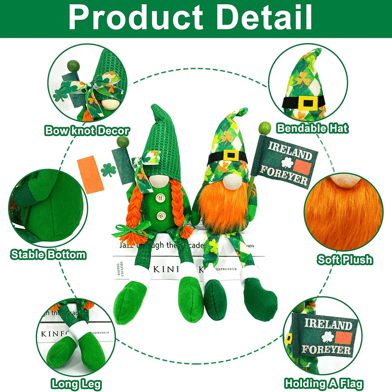 TURNMEON 2 Pack St.Patrick'S Day Gnome Plush Green Irish Gnomes St. Patrick'S Day Decorations Leprechaun Figurine Hold Flag Handmade Swedish Scandinavian Tomte Doll Elf Home Table Ornaments Gifts