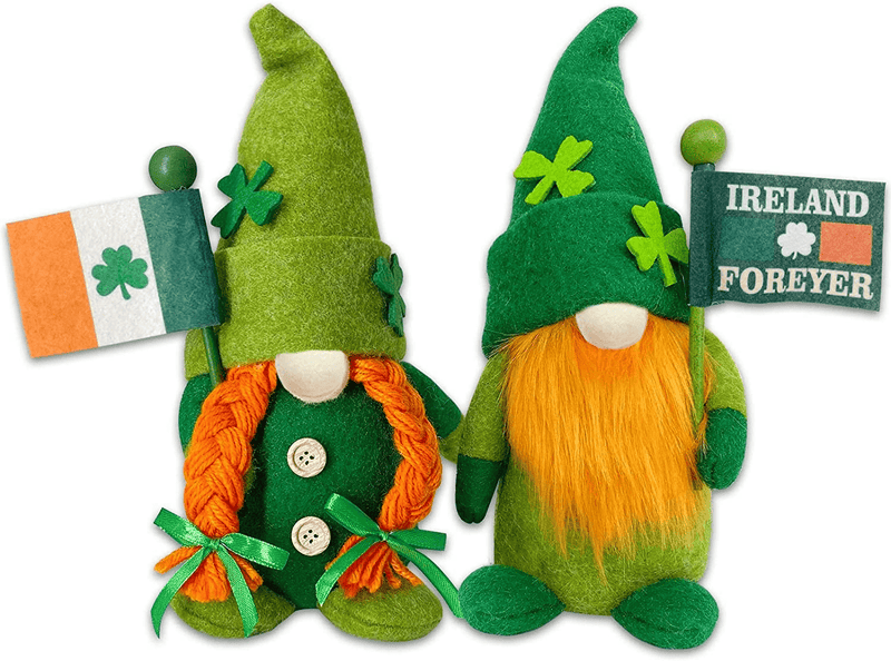 TURNMEON 2 Pack St.Patrick'S Day Gnomes Plush Elf Decorations, Leprechaun Hold Irish Flag Shamrocks Clover Hat Swedish Nisse Tomte Doll Figurines St.Patrick'S Day Decorations Home Gift Table Ornaments