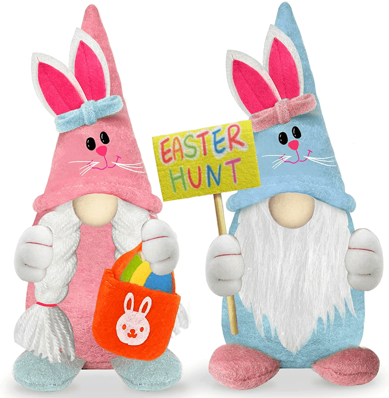 TURNMEON 2 Pcs Easter Bunny Gnomes Plush Easter Decorations Hold Easter Eggs Faceless Plush Rabbit Doll Handmade Swedish Tomte Elf Easter Spring Gnome Decoration Indoor Home Table Ornament Easter Gift Home & Garden > Decor > Seasonal & Holiday Decorations TURNMEON Cute Bunny  