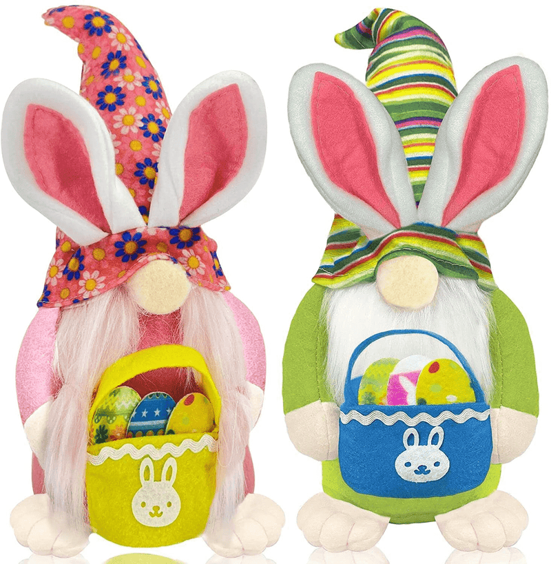 TURNMEON 2 Pcs Easter Bunny Gnomes Plush Easter Decorations Hold Easter Eggs Faceless Plush Rabbit Doll Handmade Swedish Tomte Elf Easter Spring Gnome Decoration Indoor Home Table Ornament Easter Gift Home & Garden > Decor > Seasonal & Holiday Decorations TURNMEON Bunny Basket  