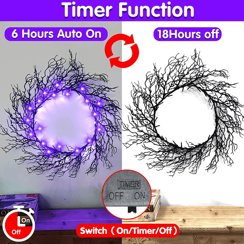 TURNMEON 20 Inch Prelit Black Halloween Wreath with Timer 30 LED Purple Lights Halloween Front Door Decoration Spooky Glitter Wreath Battery Operated Halloween Indoor Outdoor Decor Home Party Window Arts & Entertainment > Party & Celebration > Party Supplies TURNMEON   