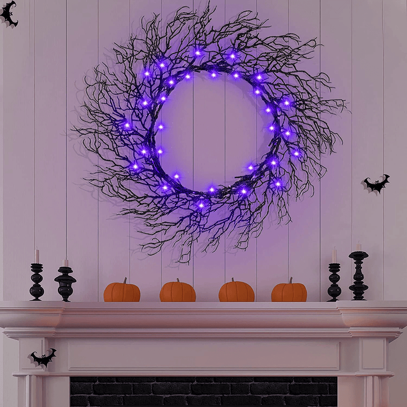 TURNMEON 20 Inch Prelit Black Halloween Wreath with Timer 30 LED Purple Lights Halloween Front Door Decoration Spooky Glitter Wreath Battery Operated Halloween Indoor Outdoor Decor Home Party Window Arts & Entertainment > Party & Celebration > Party Supplies TURNMEON   