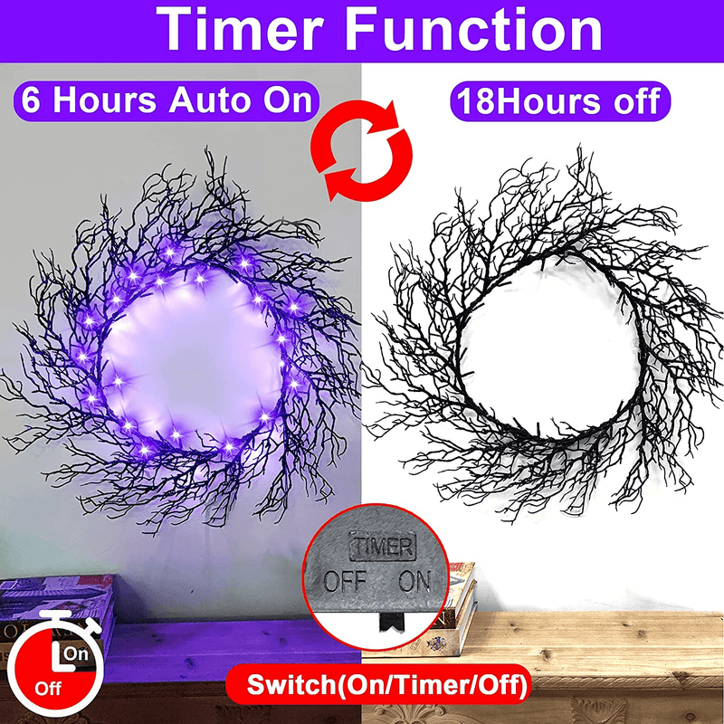 TURNMEON 20 Inch Prelit Halloween Wreath with Timer 30 LED for Front Door Halloween Decorations Purple Lights Battery Operated Glitter Scary Black Wreath Halloween Decoration Indoor Outdoor Home Party Arts & Entertainment > Party & Celebration > Party Supplies TURNMEON   