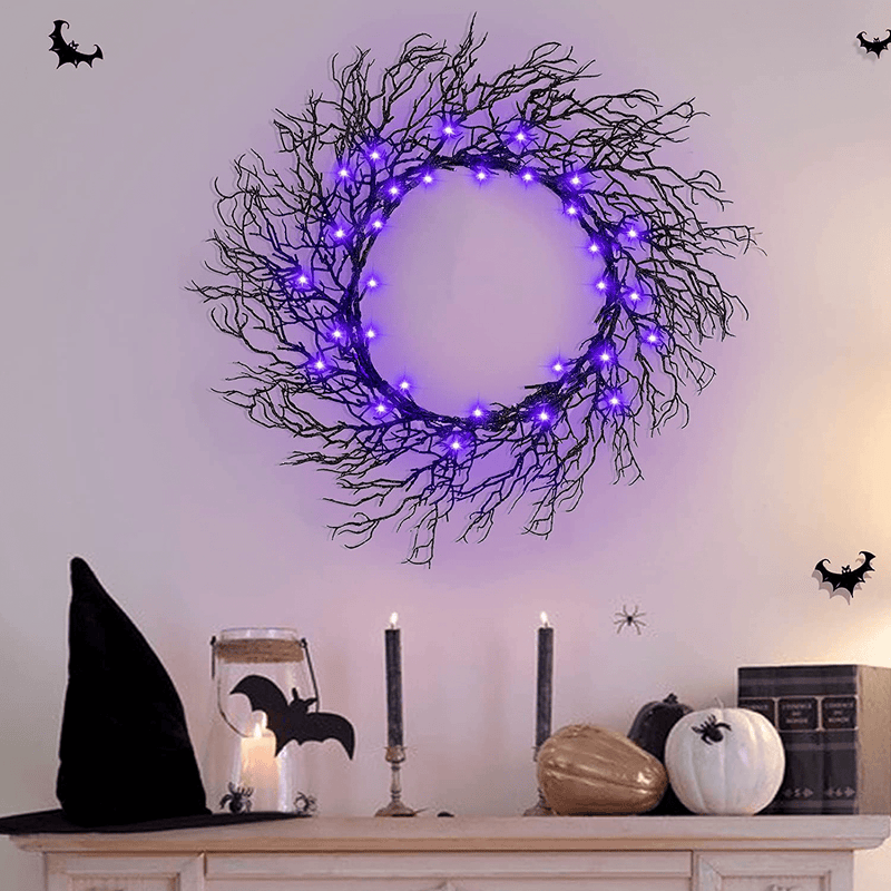 TURNMEON 20 Inch Prelit Halloween Wreath with Timer 30 LED for Front Door Halloween Decorations Purple Lights Battery Operated Glitter Scary Black Wreath Halloween Decoration Indoor Outdoor Home Party Arts & Entertainment > Party & Celebration > Party Supplies TURNMEON   