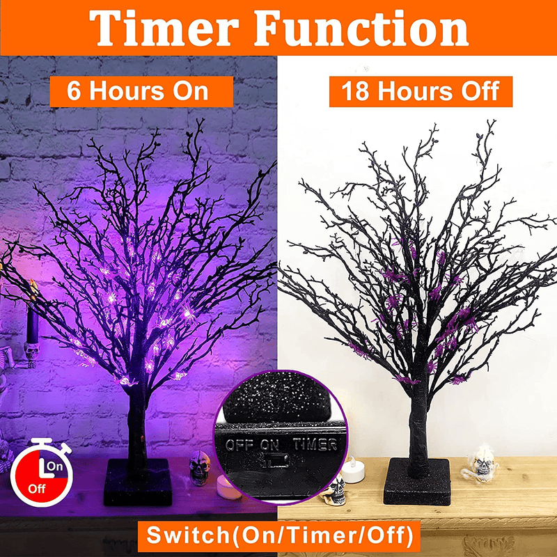 TURNMEON 24 Inch Halloween Black Tree 24 LED Purple Lights 25 Spiders Halloween Decorations Indoor Timer Battery Operated Scary Spooky Artificial Tree for Halloween Party Home Tabletop Ornaments