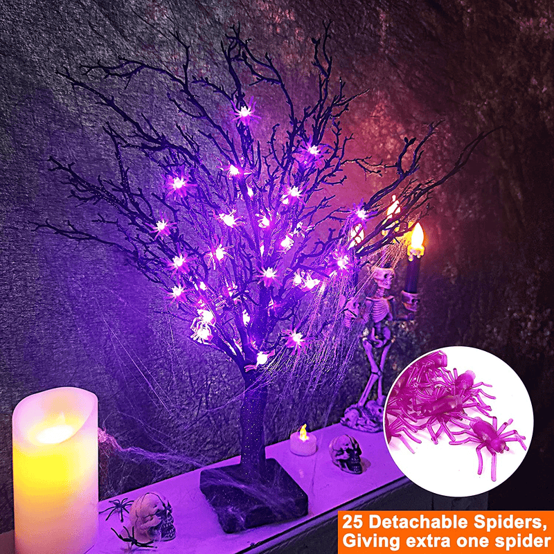 TURNMEON 24 Inch Halloween Black Tree 24 LED Purple Lights 25 Spiders Halloween Decorations Indoor Timer Battery Operated Scary Spooky Artificial Tree for Halloween Party Home Tabletop Ornaments Arts & Entertainment > Party & Celebration > Party Supplies TURNMEON   