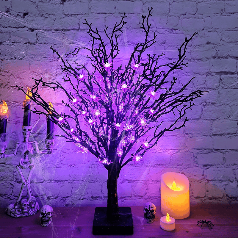 TURNMEON 24 Inch Halloween Black Tree 24 LED Purple Lights 25 Spiders Halloween Decorations Indoor Timer Battery Operated Scary Spooky Artificial Tree for Halloween Party Home Tabletop Ornaments