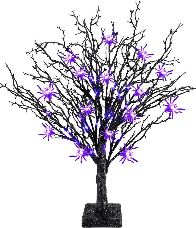TURNMEON 24 Inch Halloween Black Tree 24 LED Purple Lights 25 Spiders Halloween Decorations Indoor Timer Battery Operated Scary Spooky Artificial Tree for Halloween Party Home Tabletop Ornaments Arts & Entertainment > Party & Celebration > Party Supplies TURNMEON Default Title  