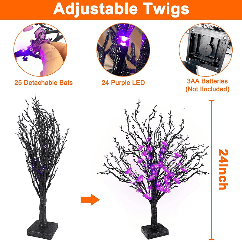TURNMEON 24 Inch Halloween Tree with 24 LED Purple Lights and 25 Lighted Bat Timer Battery Operated Black Spooky Artificial Tree for Halloween Decorations Indoor Home Party Tabletop Ornaments Arts & Entertainment > Party & Celebration > Party Supplies TURNMEON   