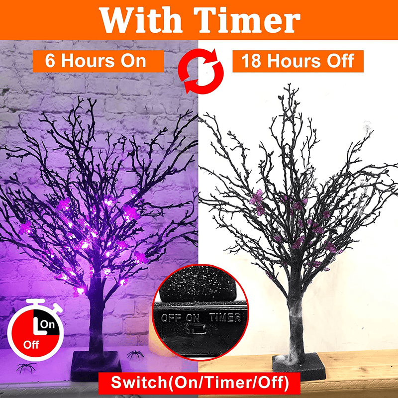 TURNMEON 24 Inch Halloween Tree with 24 LED Purple Lights and 25 Lighted Bat Timer Battery Operated Black Spooky Artificial Tree for Halloween Decorations Indoor Home Party Tabletop Ornaments