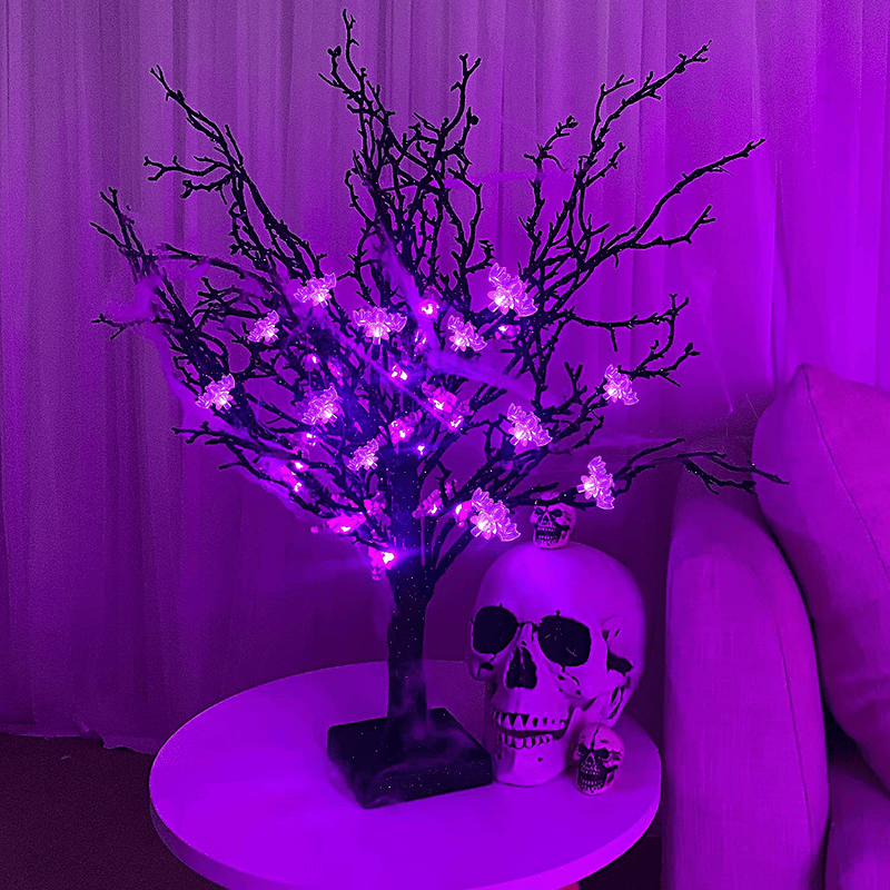 TURNMEON 24 Inch Halloween Tree with 24 LED Purple Lights and 25 Lighted Bat Timer Battery Operated Black Spooky Artificial Tree for Halloween Decorations Indoor Home Party Tabletop Ornaments
