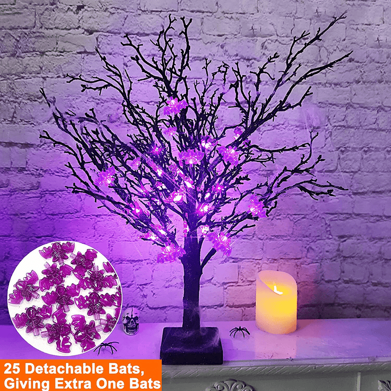 TURNMEON 24 Inch Halloween Tree with 24 LED Purple Lights and 25 Lighted Bat Timer Battery Operated Black Spooky Artificial Tree for Halloween Decorations Indoor Home Party Tabletop Ornaments Arts & Entertainment > Party & Celebration > Party Supplies TURNMEON   