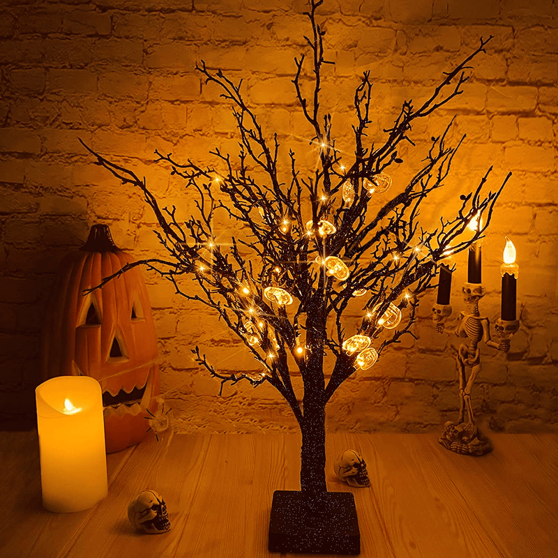 TURNMEON 24Inch Prelit Halloween Dead Tree with Timer 24 Orange LED 25 Pumpkin Lights Jack-O-Lantern Battery Powered Glitter Black Spooky Tree Scary Ornament Halloween Decoration Tabletop Indoor Home Arts & Entertainment > Party & Celebration > Party Supplies TURNMEON   