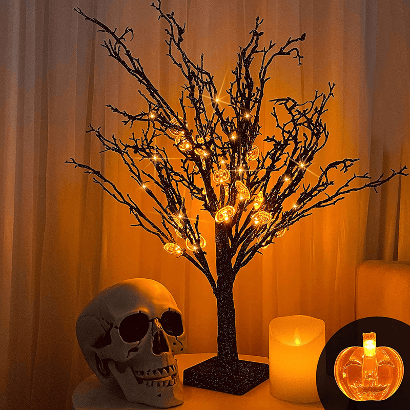 TURNMEON 24Inch Prelit Halloween Dead Tree with Timer 24 Orange LED 25 Pumpkin Lights Jack-O-Lantern Battery Powered Glitter Black Spooky Tree Scary Ornament Halloween Decoration Tabletop Indoor Home Arts & Entertainment > Party & Celebration > Party Supplies TURNMEON Default Title  