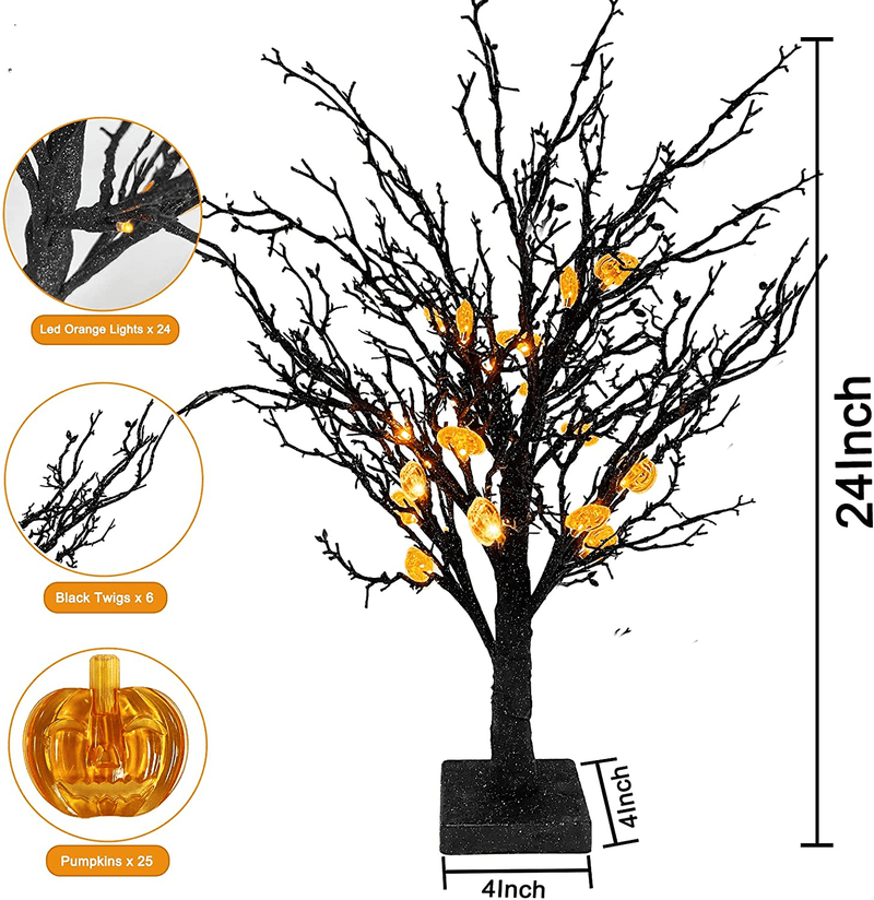 TURNMEON 24Inch Prelit Halloween Dead Tree with Timer 24 Orange LED 25 Pumpkin Lights Jack-O-Lantern Battery Powered Glitter Black Spooky Tree Scary Ornament Halloween Decoration Tabletop Indoor Home Arts & Entertainment > Party & Celebration > Party Supplies TURNMEON   