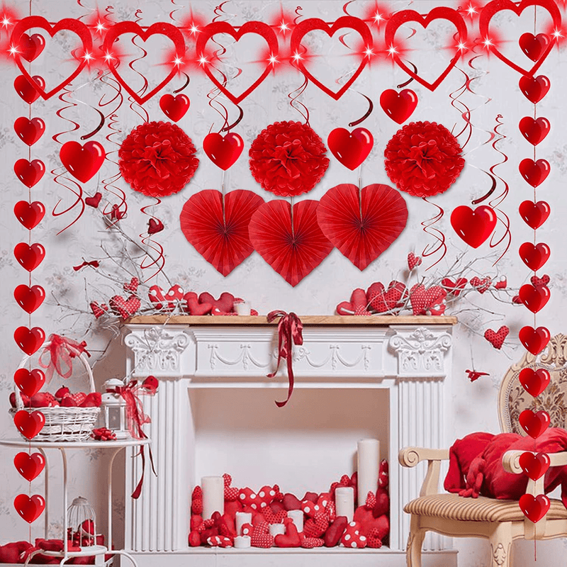 TURNMEON 26 Pack Valentine'S Day Party Decorations Set, Valentines Lights Hanging Swirls Heart Garland Banner Paper Fan Pom for Valentine Day Decorations Home Indoor Wedding Anniversary Party Decor