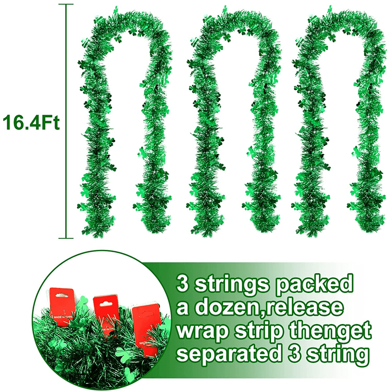 TURNMEON 3 Pack Total 49.2 Ft St.Patrick'S Day Shamrocks Tinsel Garlands Decor Green Clover Metallic Streamers St.Patrick'S Day Decorations Indoor Outdoor Home Irish Party Supplies,Each 16.4Ft by 4.3"