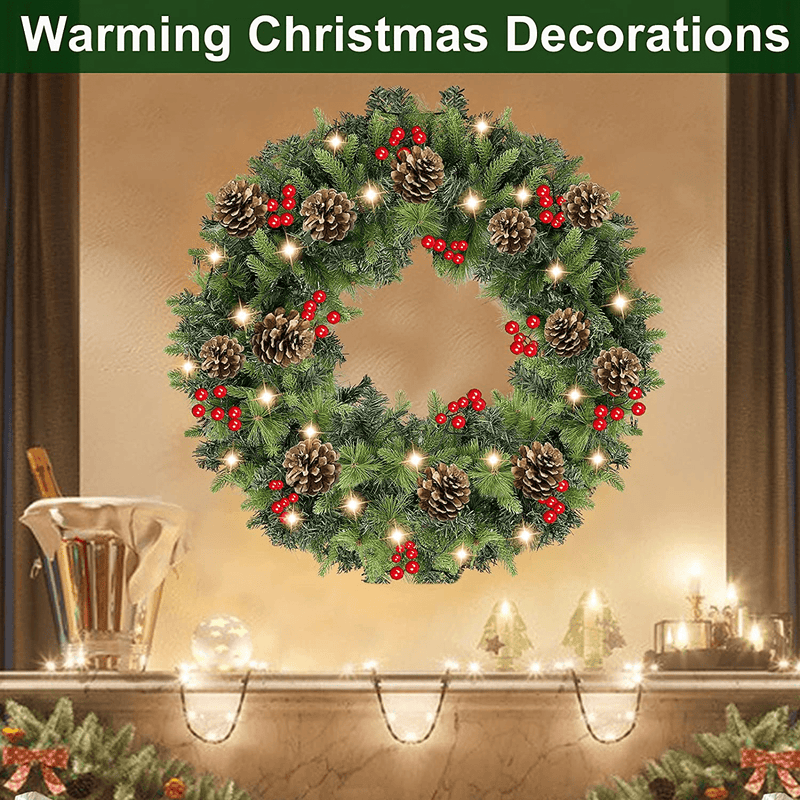 TURNMEON 30 Inch Large Prelit Christmas Wreath with 80 Warm Lights Timer Pine Cone Red Berries Battery Operated Thick Artificial Wreath for Front Door Xmas Decoration Holiday Party Indoor Outdoor Home