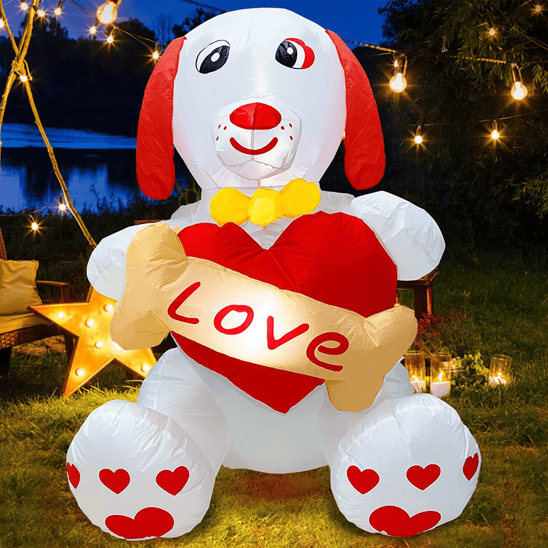 TURNMEON 4 Foot Valentine'S Day Inflatables Outdoor Decorations Blow up Puppy Dog Holds Heart Bones with Led Lights Tether Stakes Valentines Decorations Yard Lawn Garden Home Party Indoor Decor Home & Garden > Decor > Seasonal & Holiday Decorations TURNMEON   