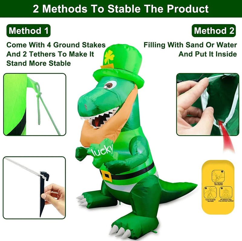 TURNMEON 4 Ft Dinosaur St. Patrick'S Day Inflatables Decorations Outdoor Blow up Dino Shamrocks Clover Leprechaun Hat LED Lights Irish St. Patrick’S Day Decorations Indoor Home Yard Garden Lawn Party