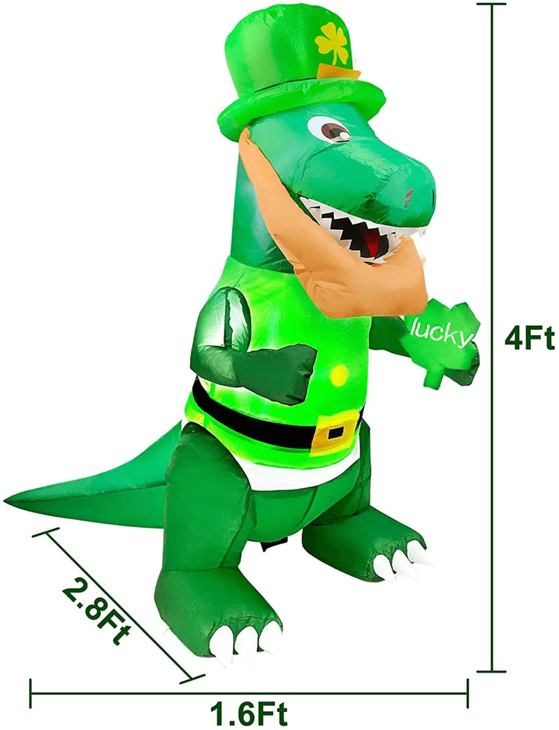 TURNMEON 4 Ft Dinosaur St. Patrick'S Day Inflatables Decorations Outdoor Blow up Dino Shamrocks Clover Leprechaun Hat LED Lights Irish St. Patrick’S Day Decorations Indoor Home Yard Garden Lawn Party Arts & Entertainment > Party & Celebration > Party Supplies TURNMEON   