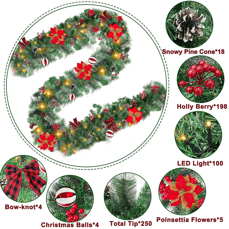 TURNMEON 9 Ft Christmas Garland 100 Lights Timer 8 Modes 198 Red Berries 18 Pinecones 4 Xmas Balls 30 Snowy Bristle Pine 5 Poinsettia Battery Operated Christmas Decoration Indoor Home Mantle Fireplace Home & Garden > Decor > Seasonal & Holiday Decorations& Garden > Decor > Seasonal & Holiday Decorations TURNMEON   