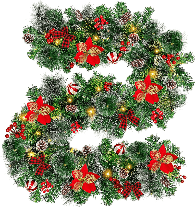 TURNMEON 9 Ft Christmas Garland 100 Lights Timer 8 Modes 198 Red Berries 18 Pinecones 4 Xmas Balls 30 Snowy Bristle Pine 5 Poinsettia Battery Operated Christmas Decoration Indoor Home Mantle Fireplace Home & Garden > Decor > Seasonal & Holiday Decorations& Garden > Decor > Seasonal & Holiday Decorations TURNMEON   