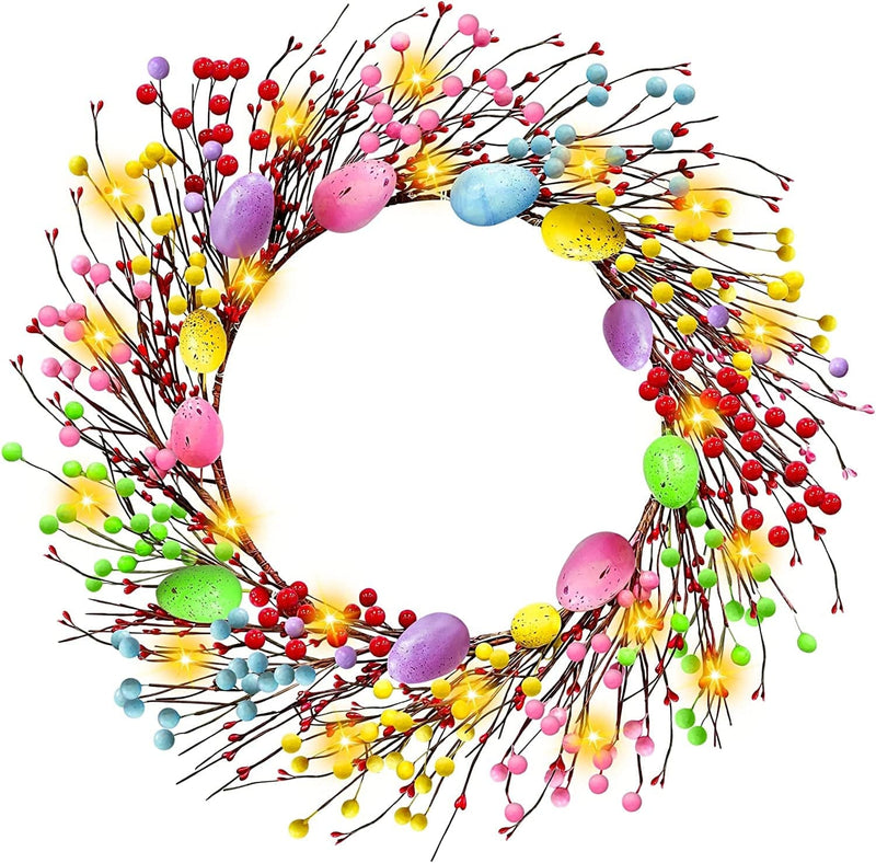 TURNMEON [ Prelit & 20 LED ] Easter Eggs Wreath Decorations for Front Door with Colorful Eggs Berries Seeds Rattan Wreath 16" Battery Operated Warm Lights Easter Decorations for Home Outdoor Indoor Home & Garden > Decor > Seasonal & Holiday Decorations TURNMEON Easter Eggs  