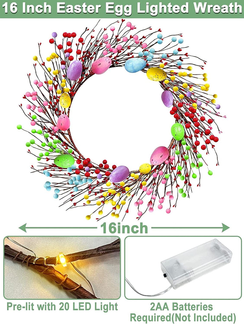 TURNMEON [ Prelit & 20 LED ] Easter Eggs Wreath Decorations for Front Door with Colorful Eggs Berries Seeds Rattan Wreath 16" Battery Operated Warm Lights Easter Decorations for Home Outdoor Indoor