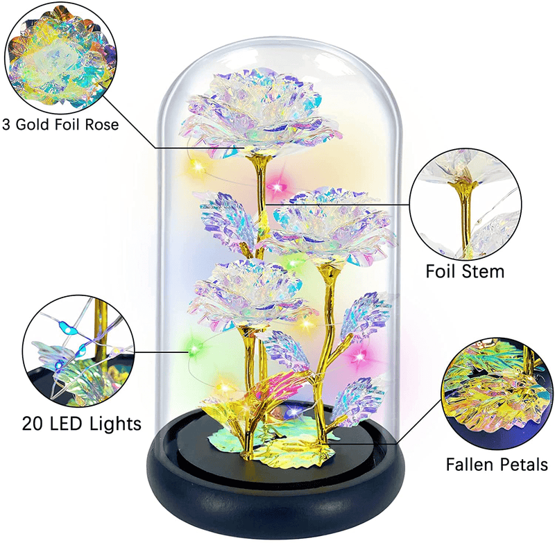 TURNMEON Rose Gift Valentines Gifts for Her, 3 Artificial Galaxy Forever Flowers Light up Roses in Glass Dome Birthday for Wife Girlfriend Mom Women Wedding(Colorful)
