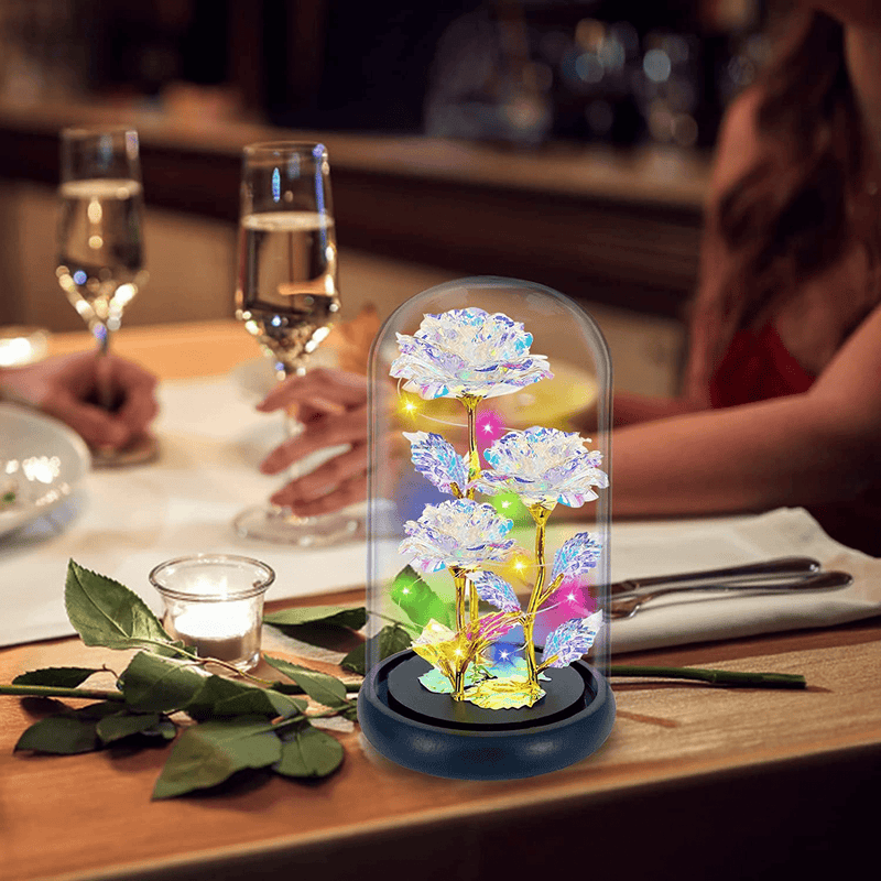 TURNMEON Rose Gift Valentines Gifts for Her, 3 Artificial Galaxy Forever Flowers Light up Roses in Glass Dome Birthday for Wife Girlfriend Mom Women Wedding(Colorful)