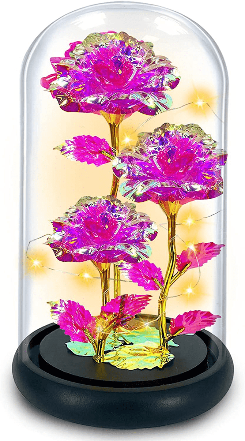 TURNMEON Rose Gift Valentines Gifts for Her, 3 Artificial Galaxy Forever Flowers Light up Roses in Glass Dome Birthday for Wife Girlfriend Mom Women Wedding(Colorful) Home & Garden > Decor > Seasonal & Holiday Decorations TURNMEON Pink  